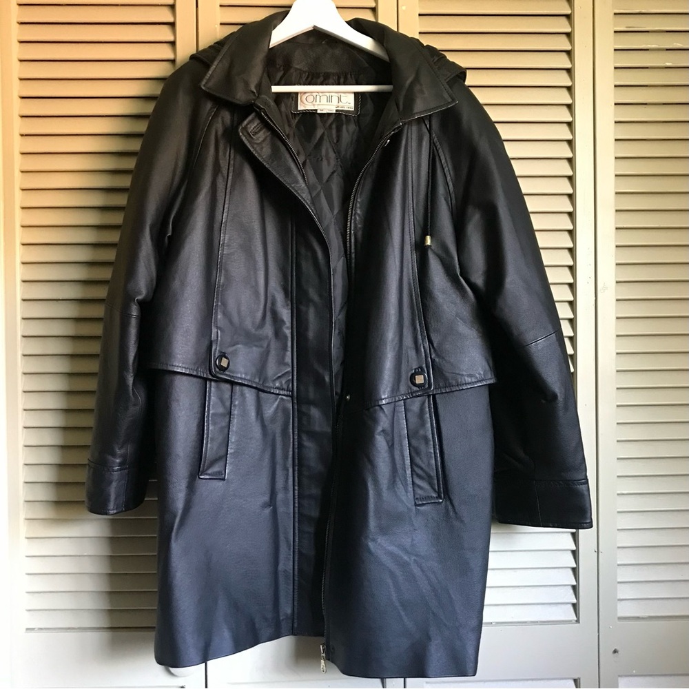 Comint Apparel Group Long Hooded Vintage Black Leather Coat Jacket